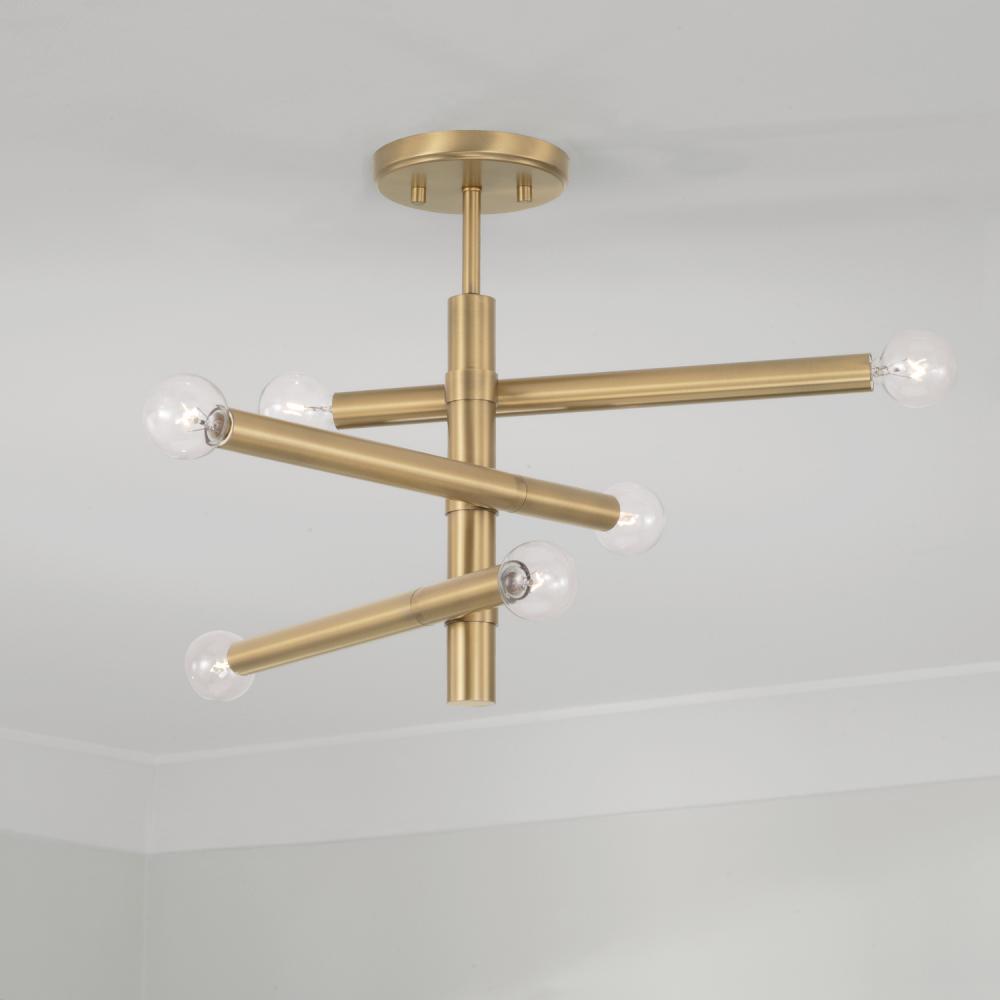 6-Light Modern Sputnik Semi-Flush in Aged Brass