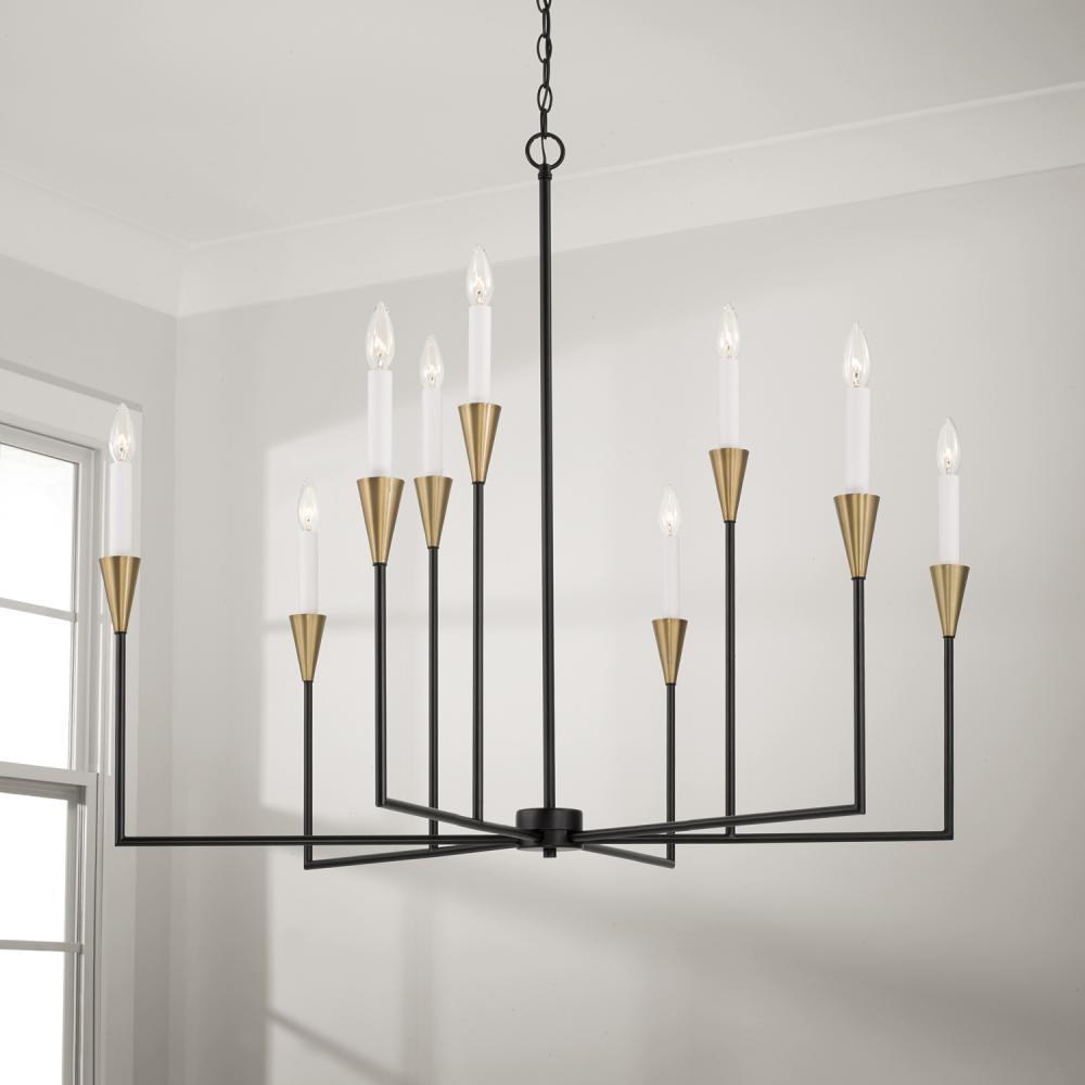 8-Light Chandelier in Black and Aged Brass with Interchangeable White or Aged Brass Candle Sleeves