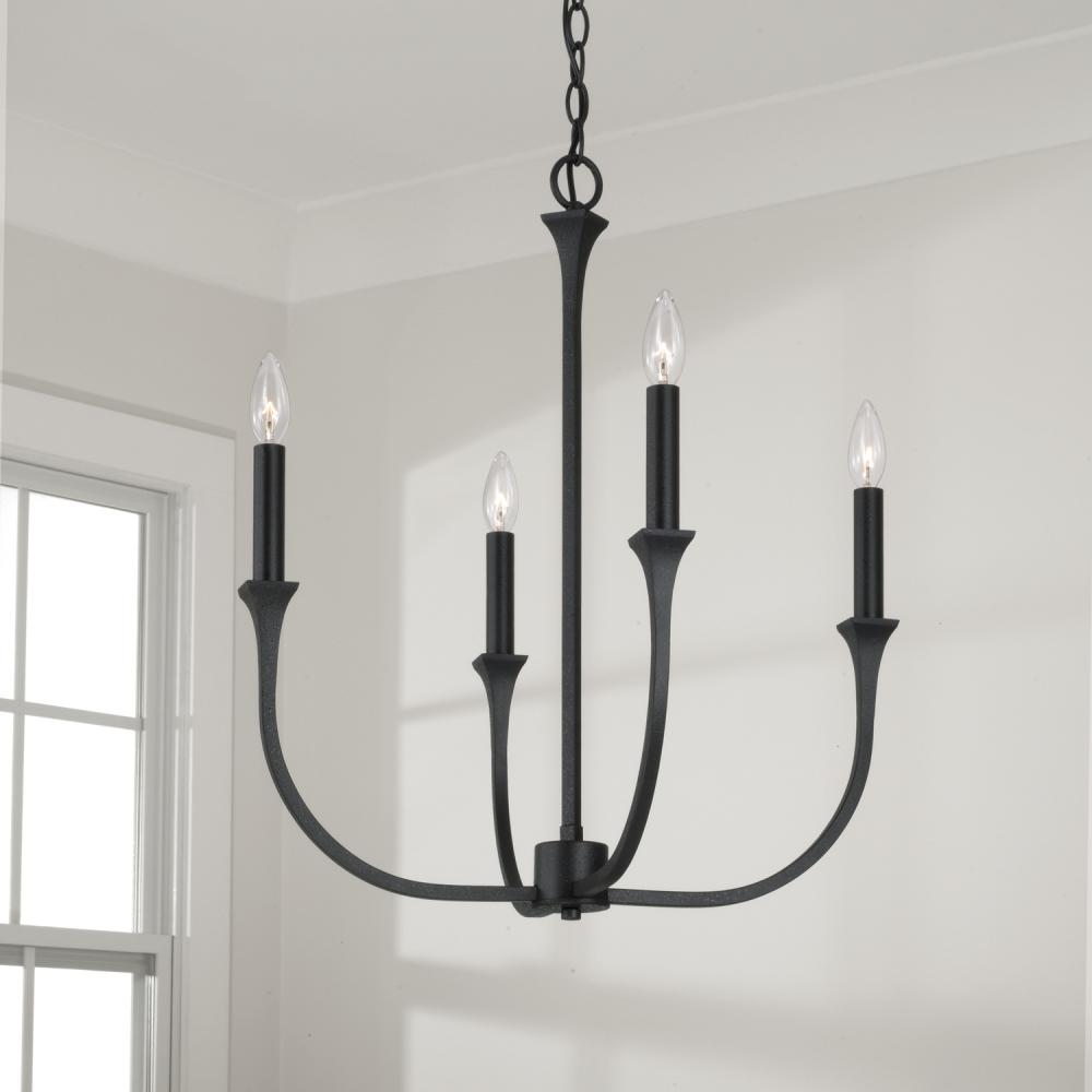 4-Light Chandelier in Black Iron with Interchangeable White or Black Iron Candle Sleeves