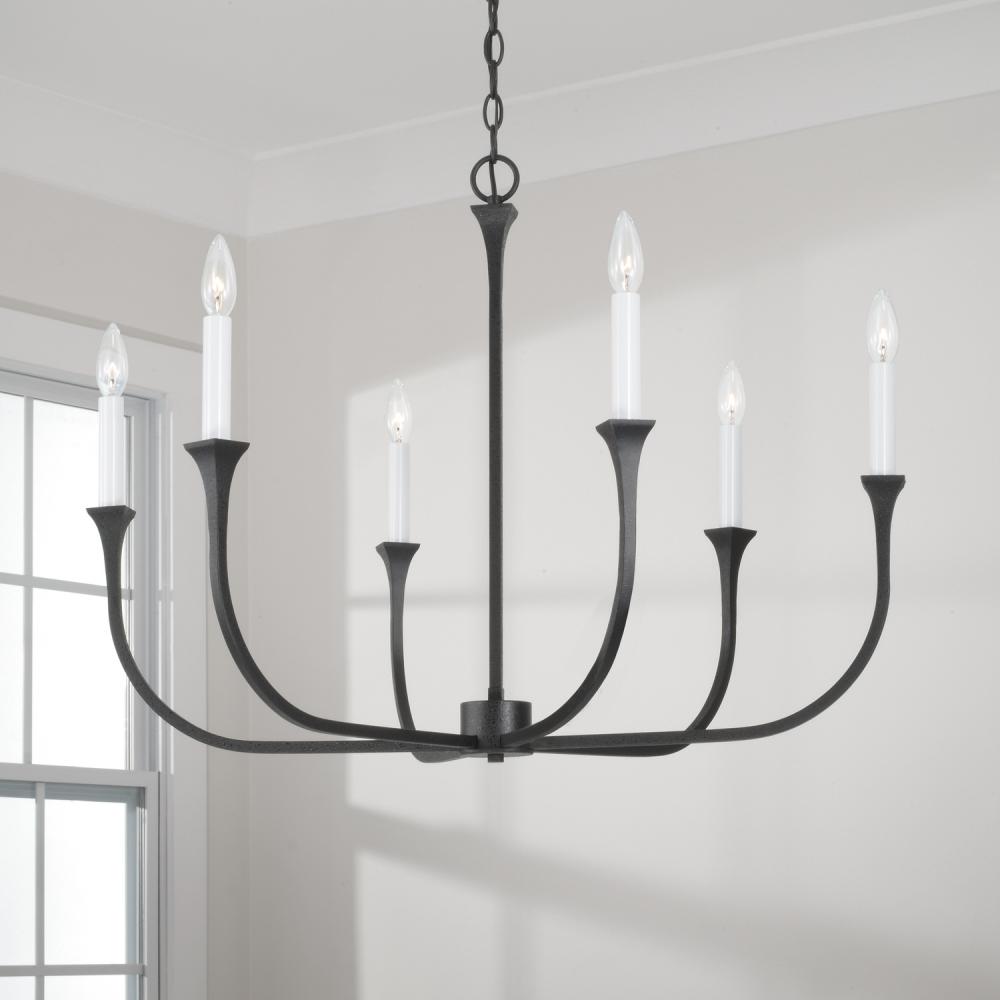 6-Light Chandelier in Black Iron with Interchangeable White or Black Iron Candle Sleeves