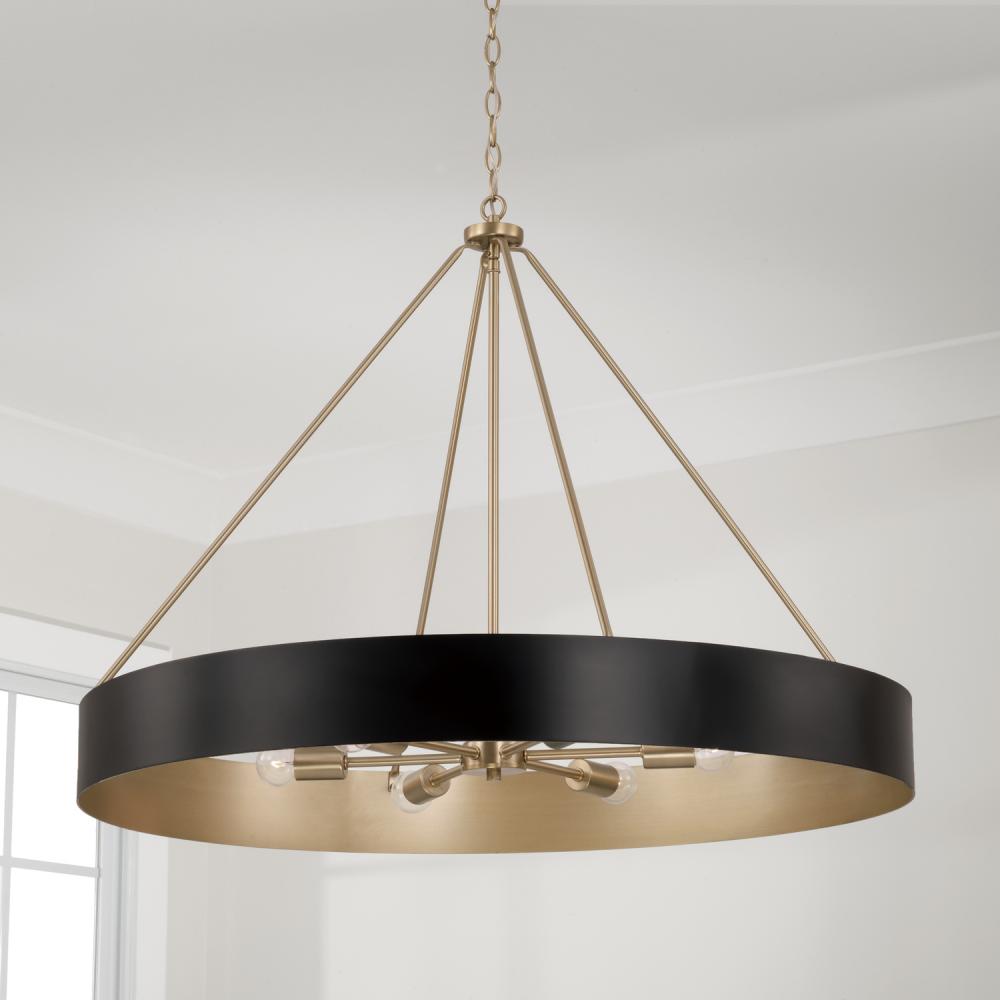 6-Light Modern Circular Metal Chandelier in Matte Black with Painted Matte Brass Interior