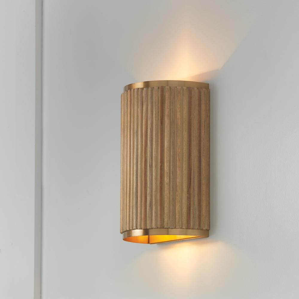 2-Light Sconce in Matte Brass and Handcrafted Mango Wood in White Wash