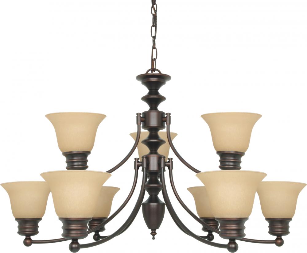 9-Light 2-Tier Chandelier in Mahogany Bronze Finish with Champagne Linen Glass and (9) 13W GU24